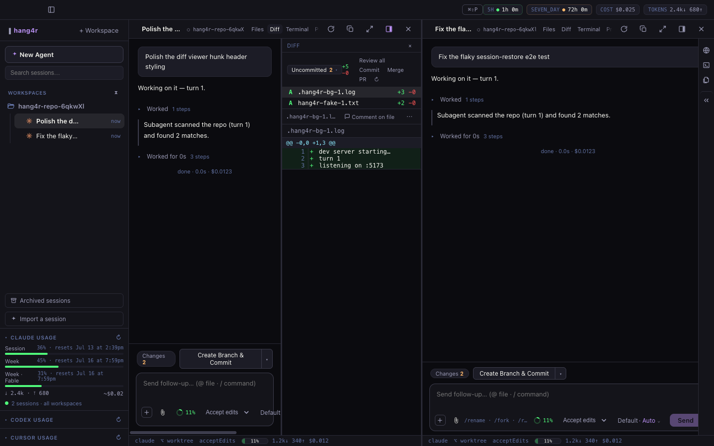 hang4r diff review panel showing changed files and an inline diff for an agent session