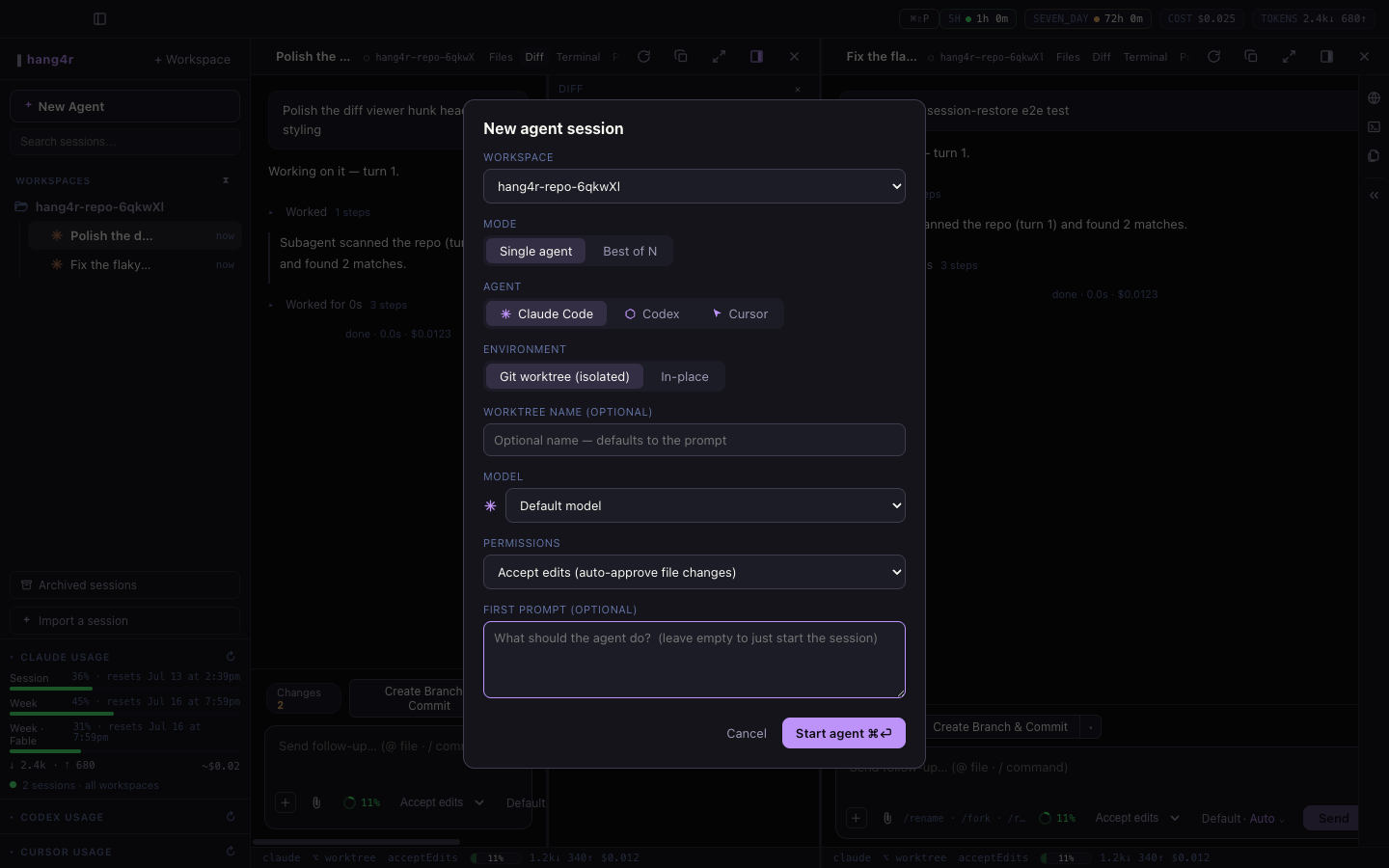 hang4r new-agent dialog with backend, model, permission mode, and worktree isolation options